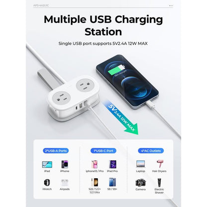 ORICO 4-Outlet Power Strip with 3 USB Ports (Including USB-C) & 4ft Cord